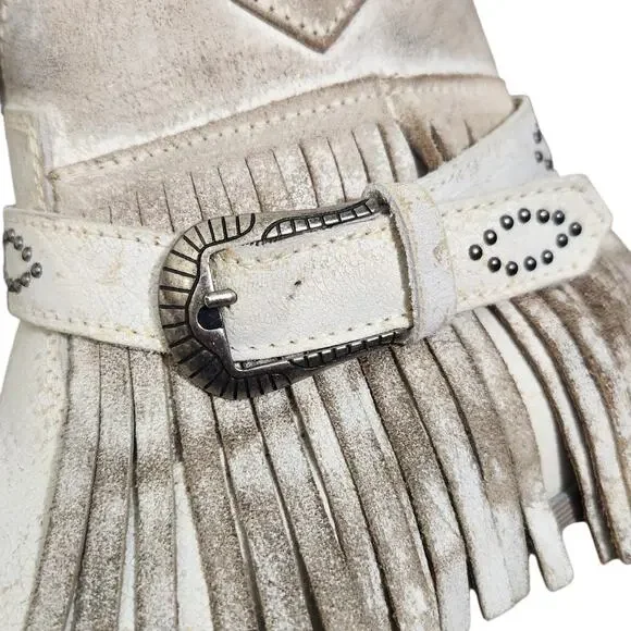 Sterling River Cowboy Boots Distressed Leather Fringe Buckle Zip Ankle Sz 9 - Picture 5 of 11